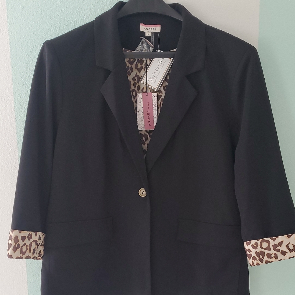 Andree Black Blazer with Leopard Print Cuffs